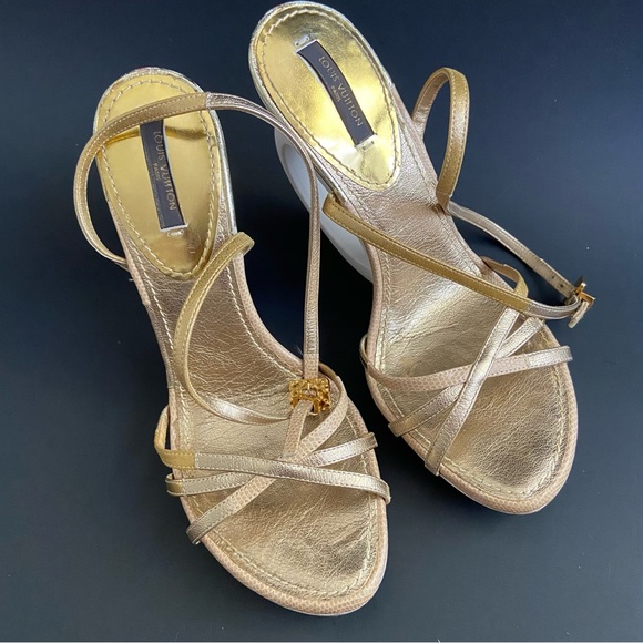 Louis Vuitton Gold Leather Wedge Ankle Strap Sandals Designer Heel Shape - Picture 2 of 15